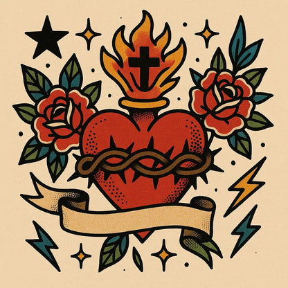 Example output from the Old School Tattoo Art ChatGPT prompt: vintage tattoo flash sheet. Heart.