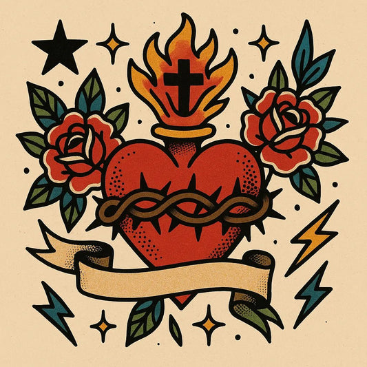Example output from the Old School Tattoo Art ChatGPT prompt: vintage tattoo flash sheet. Heart.