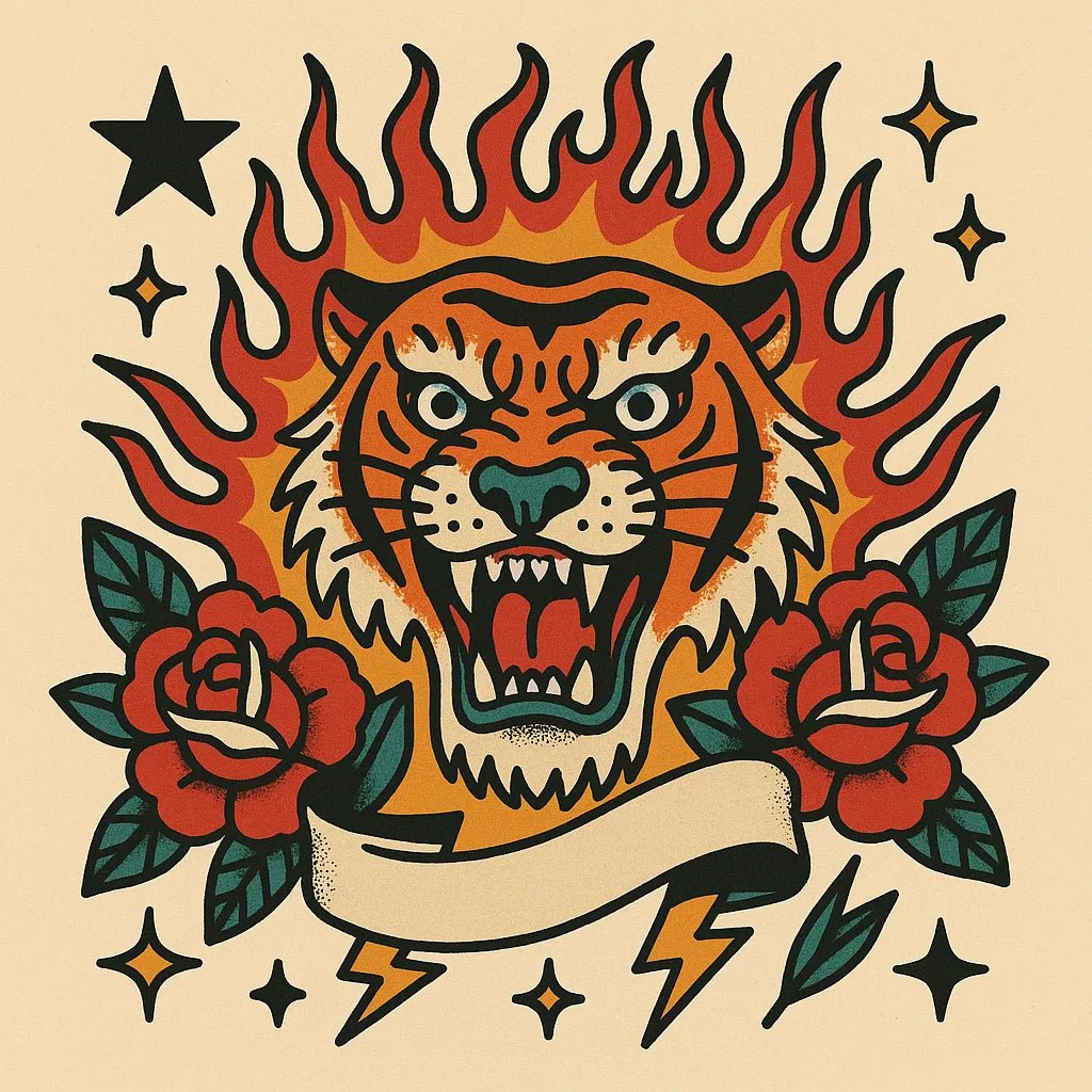 Example output from the Old School Tattoo Art ChatGPT prompt: vintage tattoo flash sheet. Tiger.