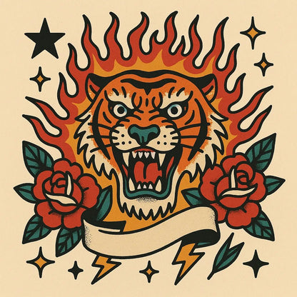 Example output from the Old School Tattoo Art ChatGPT prompt: vintage tattoo flash sheet. Tiger.