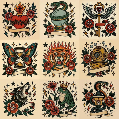 Example output from the Old School Tattoo Art ChatGPT prompt: vintage tattoo flash sheet featuring traditional motifs like snakes, eagles, hearts, and roses, with bold linework, muted retro tones, and detailed dot shading.