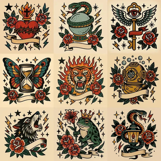 Example output from the Old School Tattoo Art ChatGPT prompt: vintage tattoo flash sheet featuring traditional motifs like snakes, eagles, hearts, and roses, with bold linework, muted retro tones, and detailed dot shading.