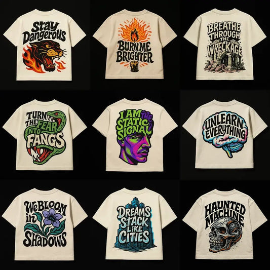 Example output from the Oversized Streetwear T Shirts Back Art ChatGPT prompt: bold graphic T-shirt mockups with screenprint-style back quotes, flat-lay perspective, and expressive pop-style illustrations on cotton fabric.