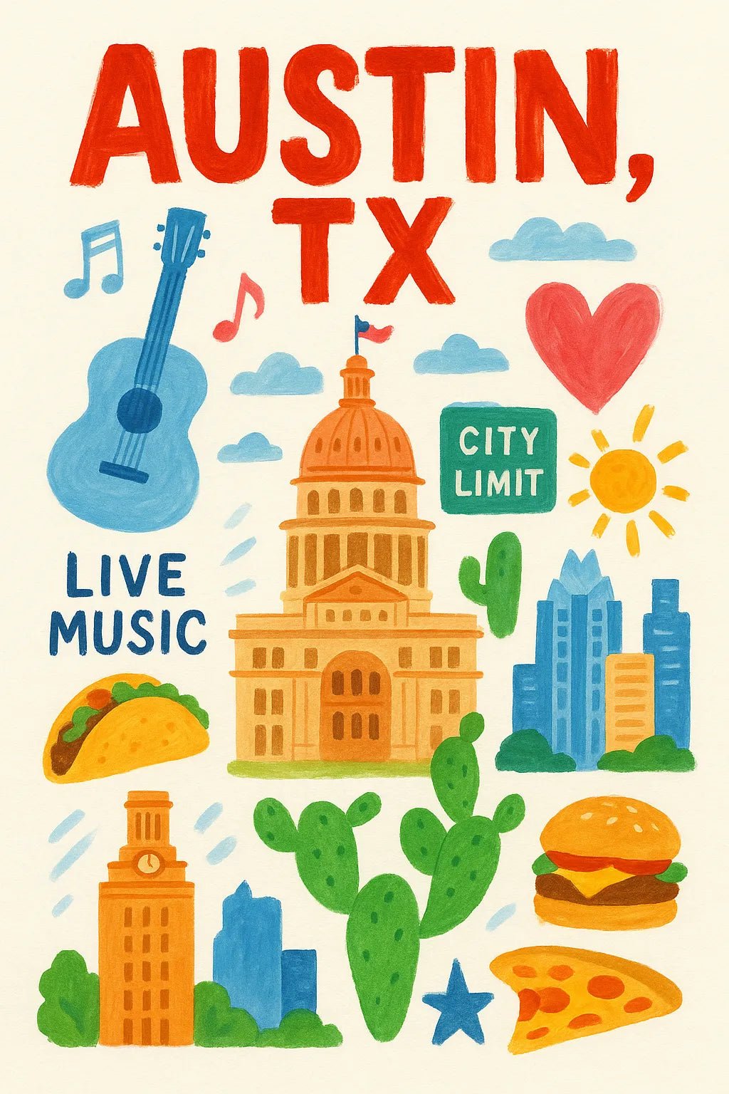 Example output from the Painting Travel Collage Poster ChatGPT prompt: Austing, TX