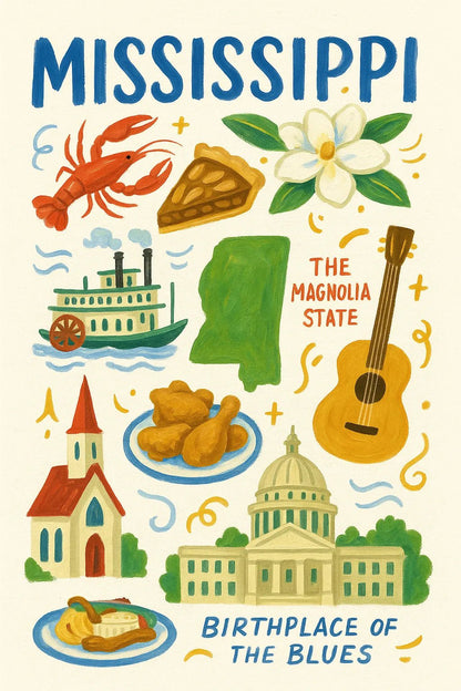Example output from the Painting Travel Collage Poster ChatGPT prompt: Mississippi