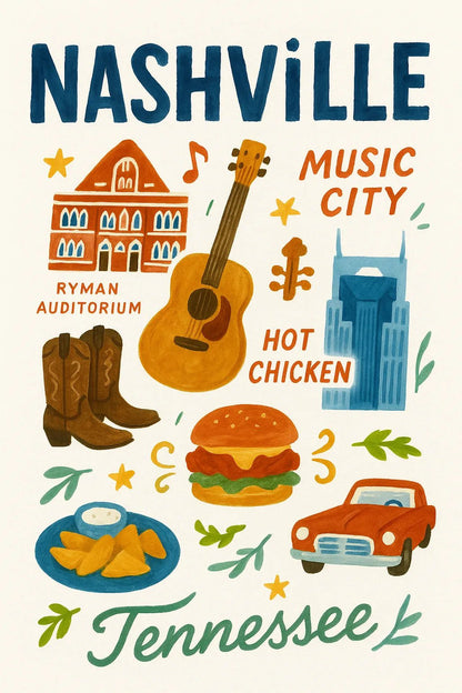 Example output from the Painting Travel Collage Poster ChatGPT prompt: Nashville