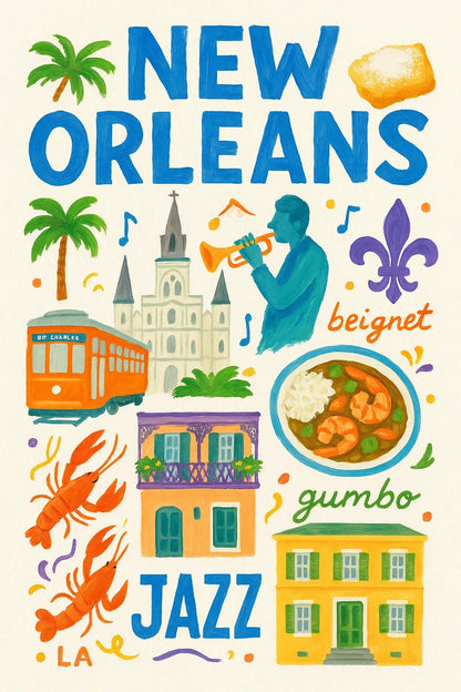 Example output from the Painting Travel Collage Poster ChatGPT prompt: New Orleans