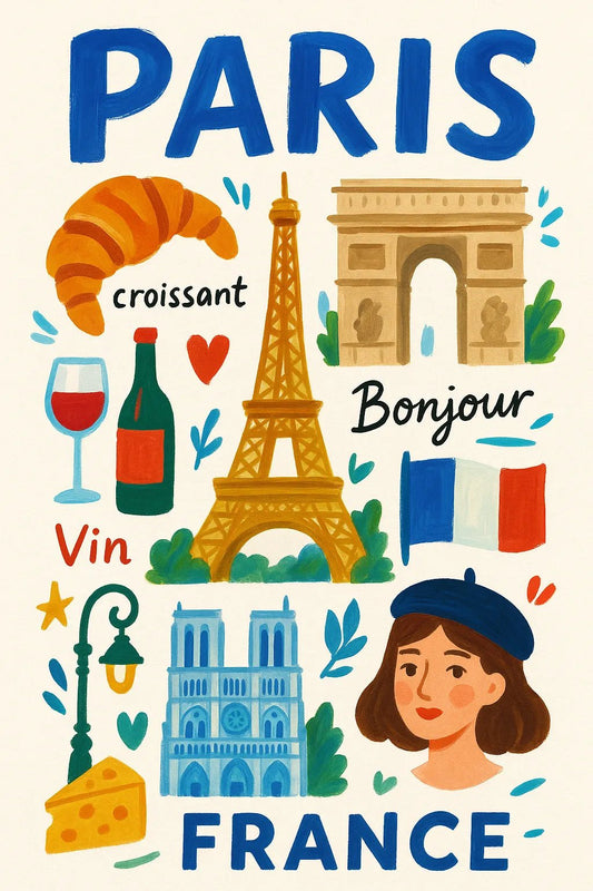 Example output from the Painting Travel Collage Poster ChatGPT prompt: Paris