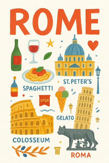 Example output from the Painting Travel Collage Poster ChatGPT prompt: Rome