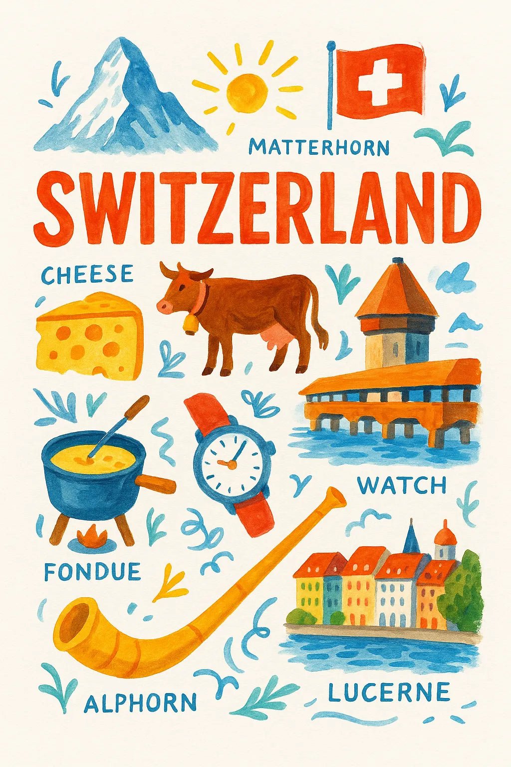 Example output from the Painting Travel Collage Poster ChatGPT prompt: Switzerland