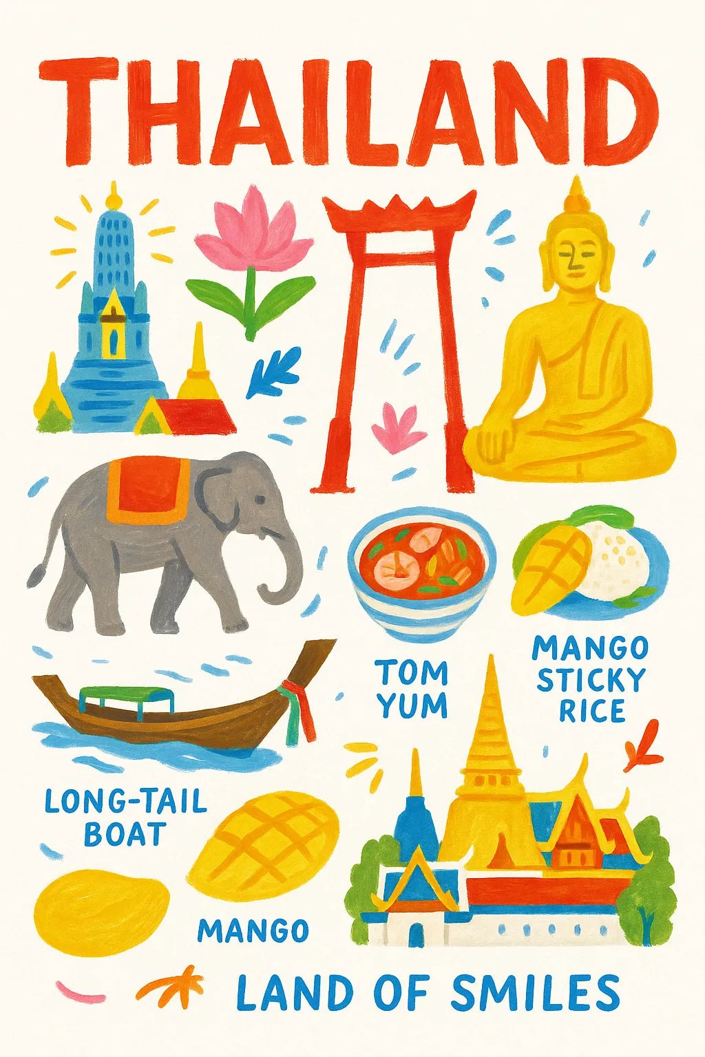 Example output from the Painting Travel Collage Poster ChatGPT prompt: Thailand