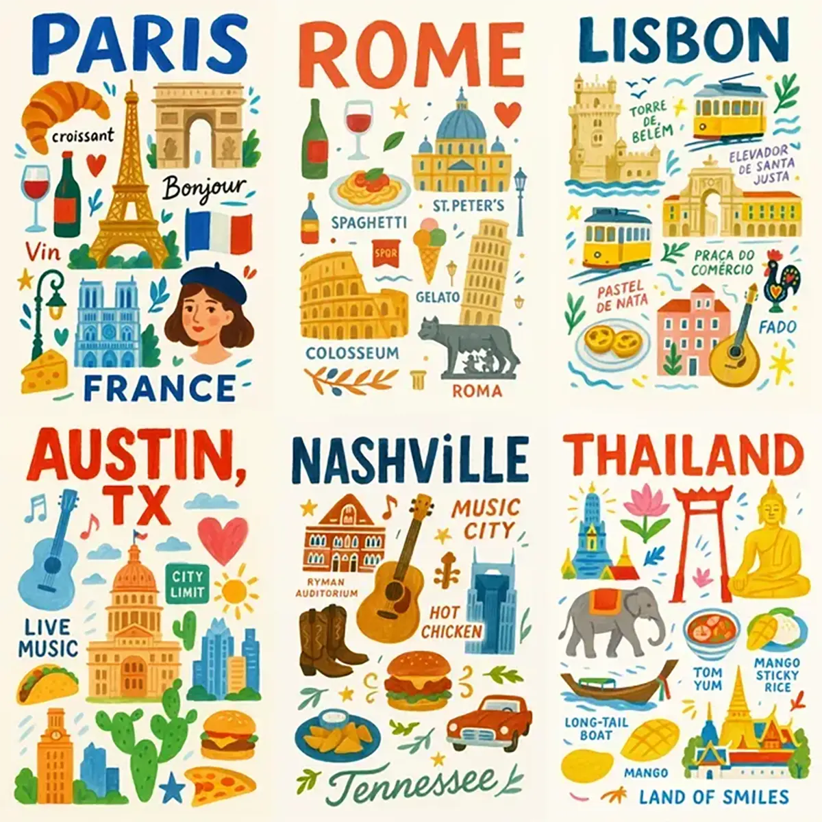 Example output from the Painting Travel Collage Poster ChatGPT prompt: nine illustrated destination posters featuring cities and countries with whimsical painted textures, bold typography, and curated cultural icons.