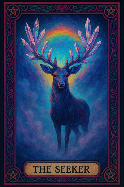 Example output of six personalized dreamlike tarot cards generated by a ChatGPT prompt template. The Seeker.