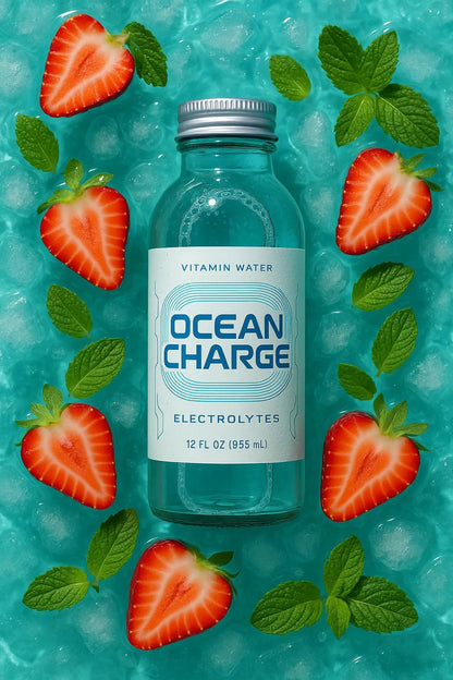 Example output from the Photoreal Flatlay Product Ad Mockups ChatGPT prompt: colorful juice and soda bottles surrounded by sliced fruits, featuring crisp DSLR realism, overhead lighting, and vibrant flat-lay compositions. Ocean Charge.