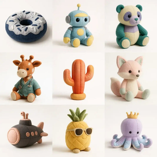 Example output from the Photorealistic 3D Plush Product Render prompt: including a sprinkled doughnut cushion, retro robot, teal-and-lavender panda, doctor giraffe with stethoscope, stylized orange cactus, pastel fox, cartoon submarine, pineapple in sunglasses, and lilac octopus wearing a crown—featuring crisp studio lighting, realistic fabric textures with visible seams, soft pastel palette, and an airy white backdrop.