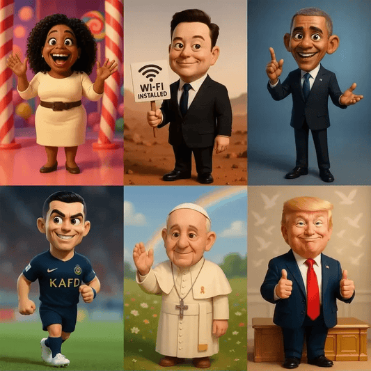 Example output from the Photos to 3D Cartoon Portraits ChatGPT prompt: full-body caricature avatars with big eyes and exaggerated features, featuring realistic textures, vivid lighting, and character-specific expressions.