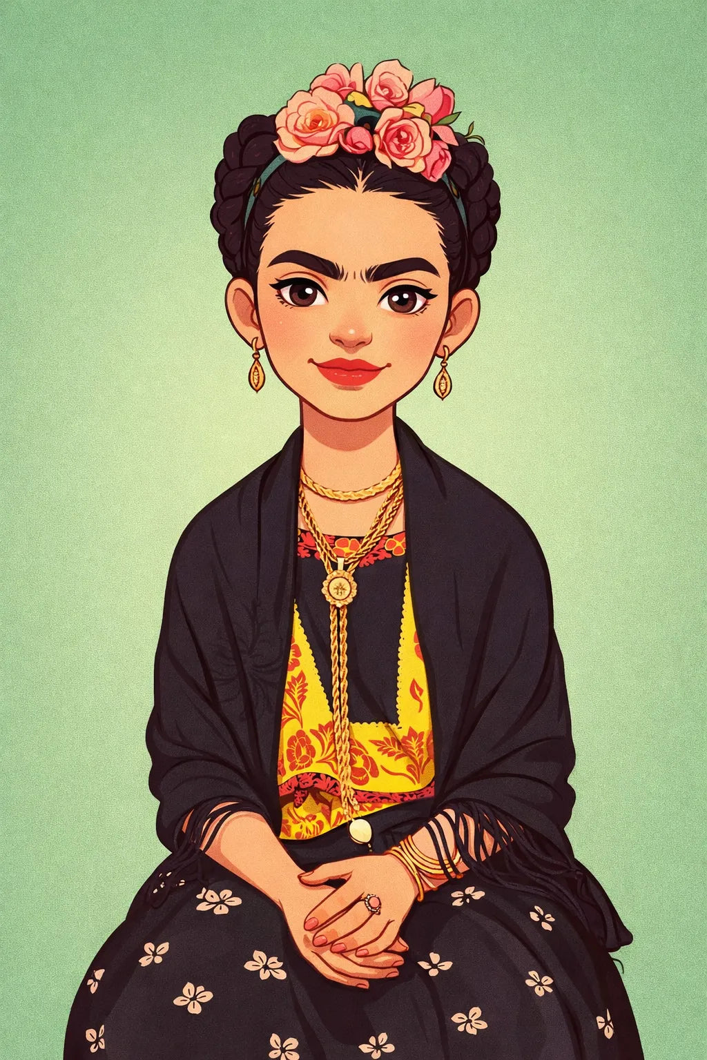 Cartoon avatar illustration created from photo, featuring clean semi-caricature portrait in a vector-inspired style: Frida