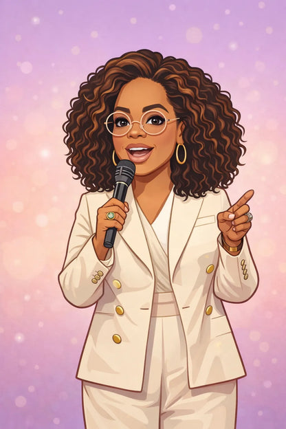 Cartoon avatar illustration created from photo, featuring clean semi-caricature portrait in a vector-inspired style: Opra