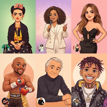 Grid of modern cartoon avatar illustrations created from photos, featuring clean semi-caricature portraits in a vector-inspired style.
