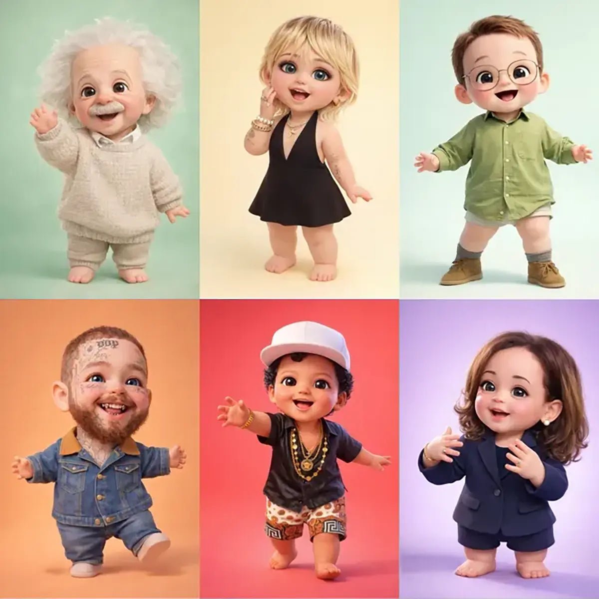 Example output from the Photo to Cute 3D Baby Characters ChatGPT prompt: nine stylized 3D baby portraits with soft pastel lighting, toy-like proportions, and cheerful expressions.