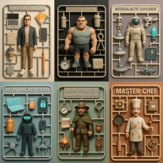 Example output from the Playful 3D Plastic Sprues ChatGPT prompt: boxed model kits of stylized characters with themed accessories, featuring Pixar-like 3D rendering, muted color palettes, and hyper-detailed plastic sprue frames.