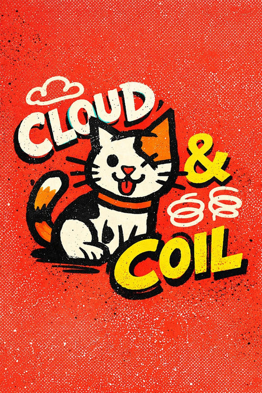 Example output from the Playful Doodle Mascot Logos ChatGPT prompt: a Cloud and Coil logo with a doodled cat and noodle bowls on a textured red background.
