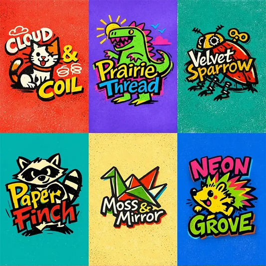 Example output from the Playful Doodle Mascot Logos ChatGPT prompt: a six-logo grid of sketchy hand-drawn mascot marks on bold textured color blocks, reading Cloud and Coil, Prairie Thread, Velvet Sparrow, Paper Finch, Moss and Mirror and Neon Grove.