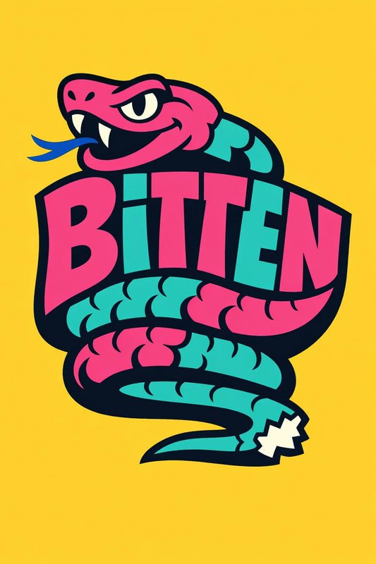 Playful editorial typography icon featuring bold flat vector illustration where text is integrated into expressive object using a bright four-color palette: Bitten