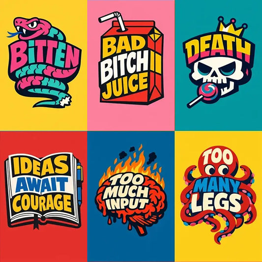 Collage of six Playful editorial typography icons featuring bold flat vector illustrations where text is integrated into expressive objects using a bright four-color palette