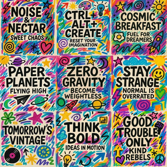 Example output from the Playful Marker Line Art Collage ChatGPT prompt: colorful hand-drawn posters with marker doodles, creative typography, and expressive line textures, perfect for design, merch, or print art.