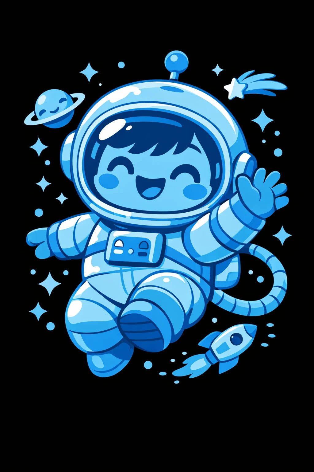 Playful monochrome cartoon character on a black background, cute illustration art: Astronaut