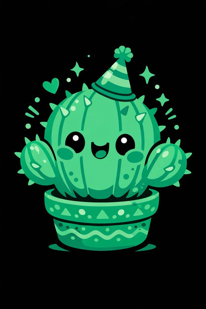 Playful monochrome cartoon character on a black background, cute illustration art: Cactus