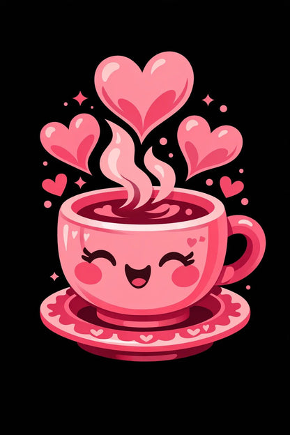 Playful monochrome cartoon character on a black background, cute illustration art: Coffee Cup