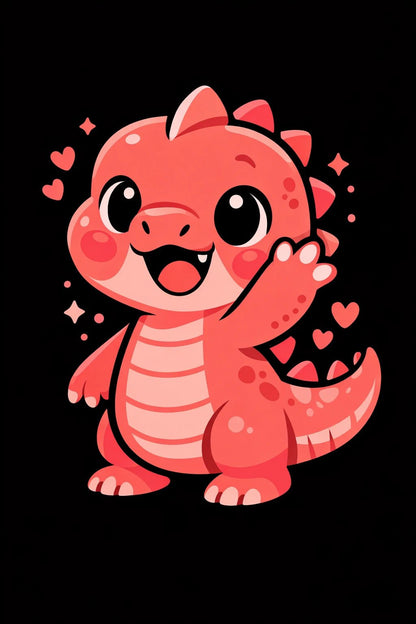 Playful monochrome cartoon character on a black background, cute illustration art: Dinosaur 