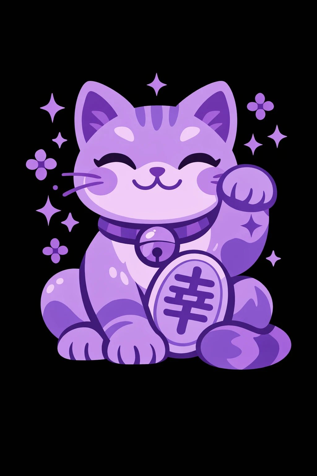 Playful monochrome cartoon character on a black background, cute illustration art: Lucky Cat