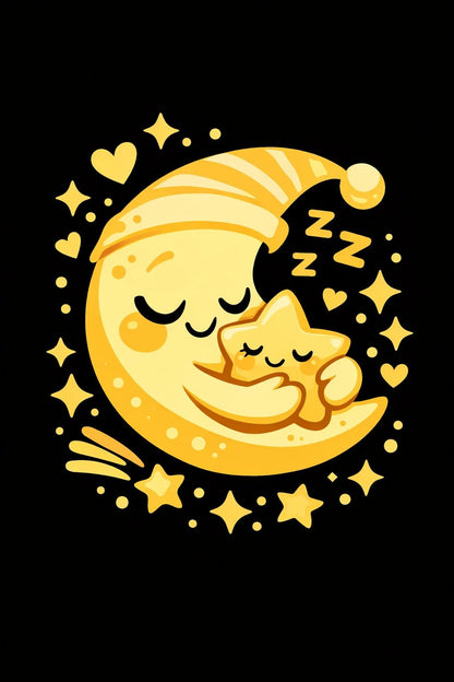 Playful monochrome cartoon character on a black background, cute illustration art: Moon