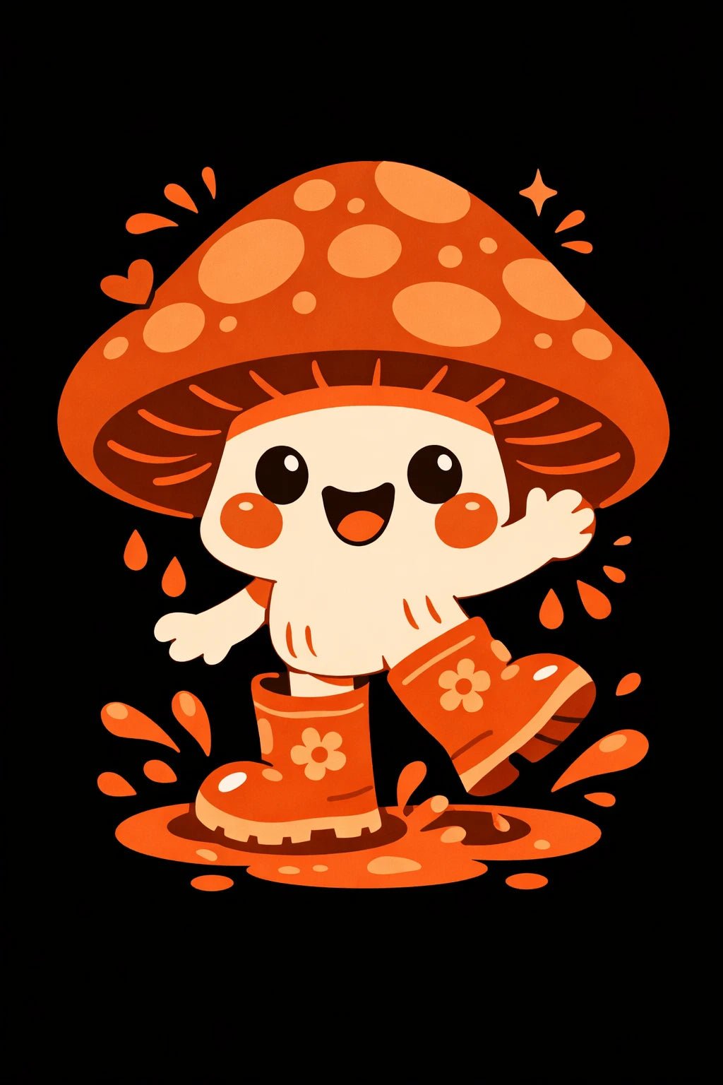 Playful monochrome cartoon character on a black background, cute illustration art: Mushroom