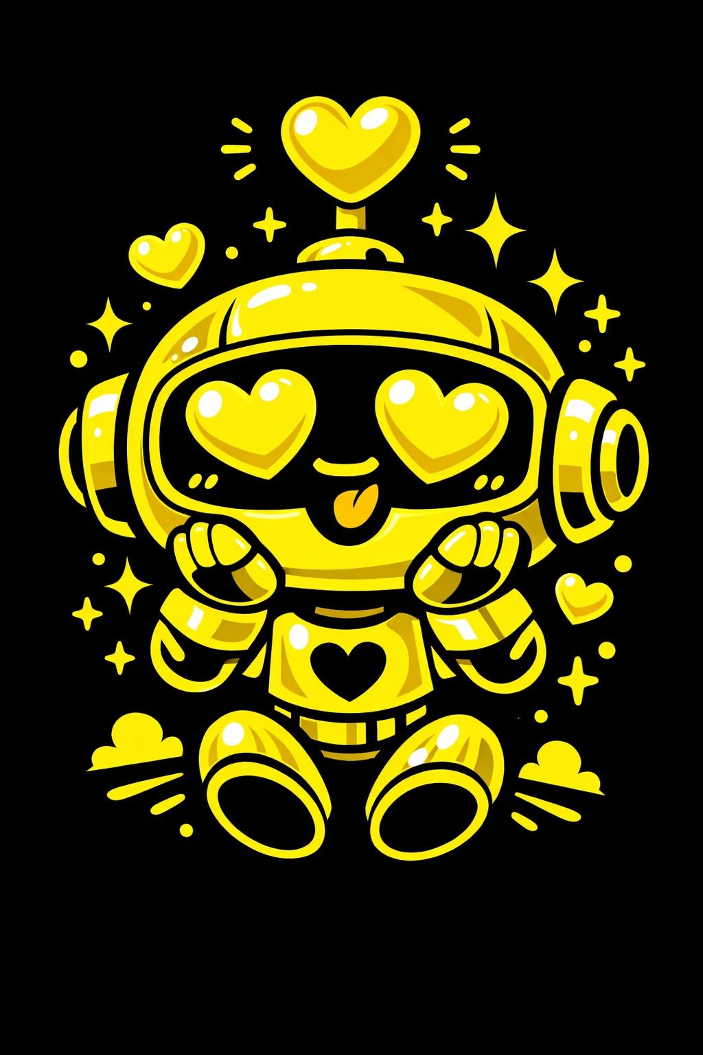 Playful monochrome cartoon character on a black background, cute illustration art: Robot