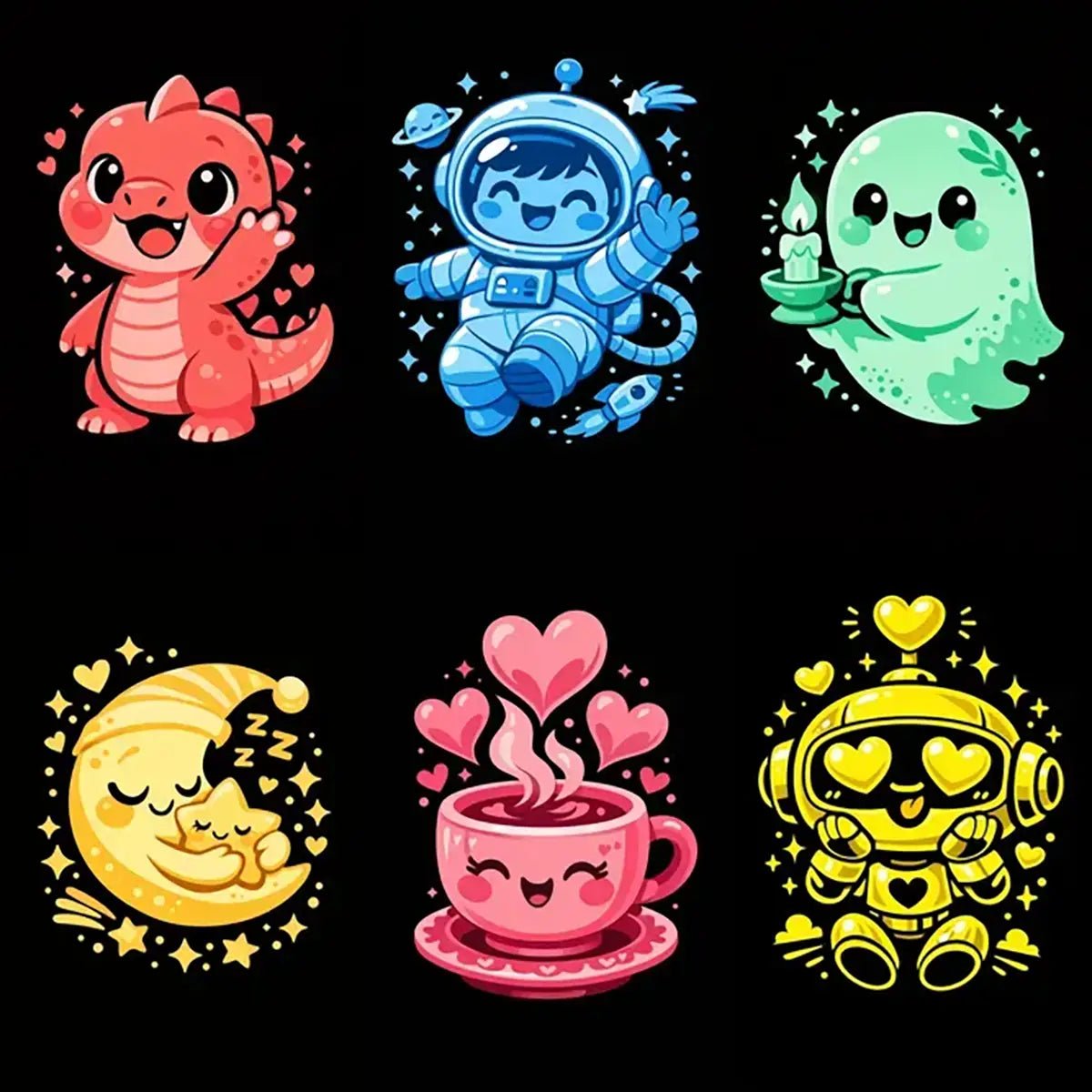 Playful monochrome cartoon characters on a black background, cute illustration art