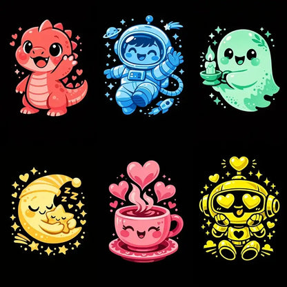Playful monochrome cartoon characters on a black background, cute illustration art
