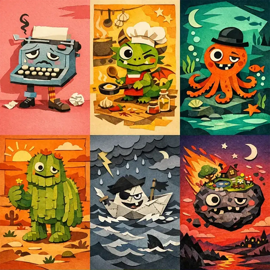 Example output from the Playful Naive Collage Characters ChatGPT prompt: a six-panel grid of cut-paper collage characters with bold outlines and torn textures, showing a glum typewriter, dragon chef, bowler-hatted octopus, giant cactus, paper boat pirate and a meteor with a face.