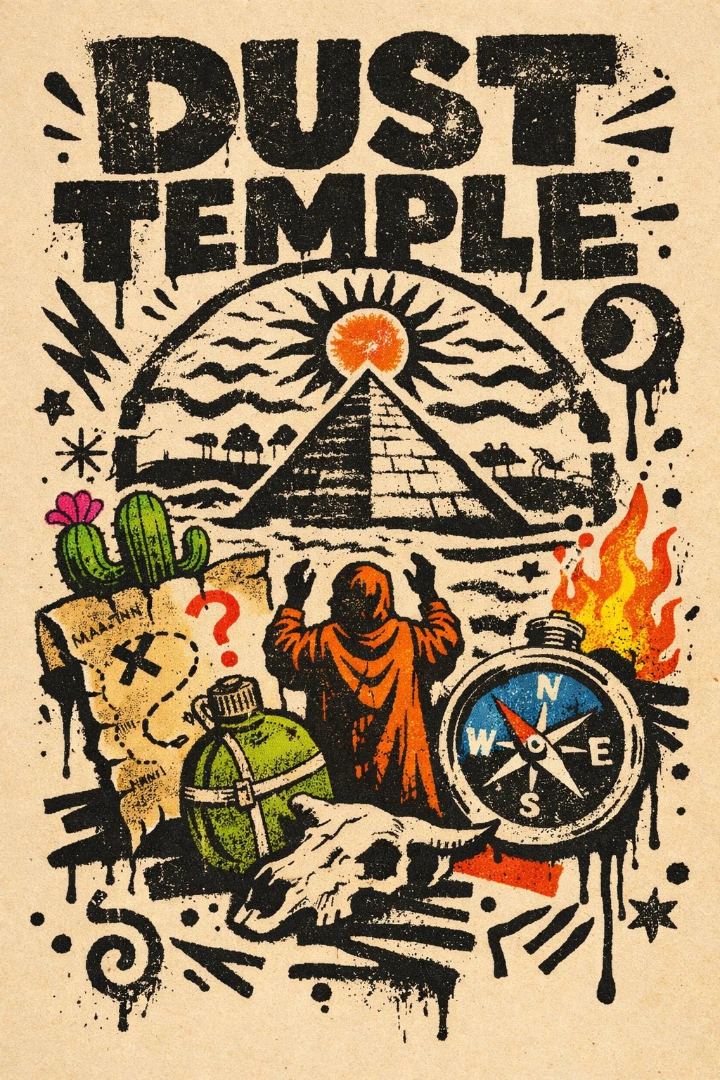 Risograph inspired poster with gritty stamp texture, rebellious collage elements, and bold expressive typography on a vintage paper background: Dust Temple