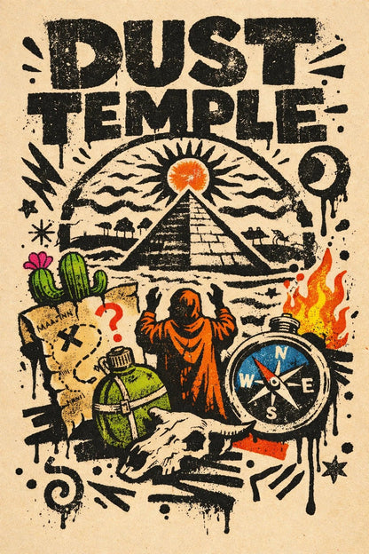 Risograph inspired poster with gritty stamp texture, rebellious collage elements, and bold expressive typography on a vintage paper background: Dust Temple