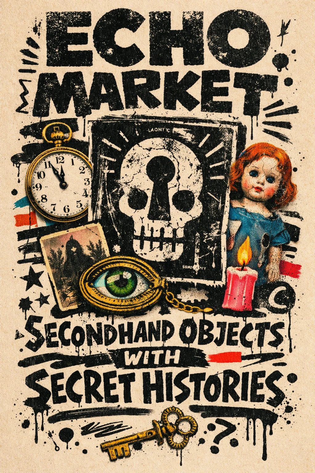 Risograph inspired poster with gritty stamp texture, rebellious collage elements, and bold expressive typography on a vintage paper background: Echo Market