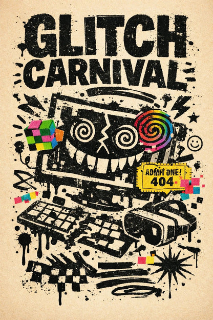 Risograph inspired poster with gritty stamp texture, rebellious collage elements, and bold expressive typography on a vintage paper background: Glitch Carnival
