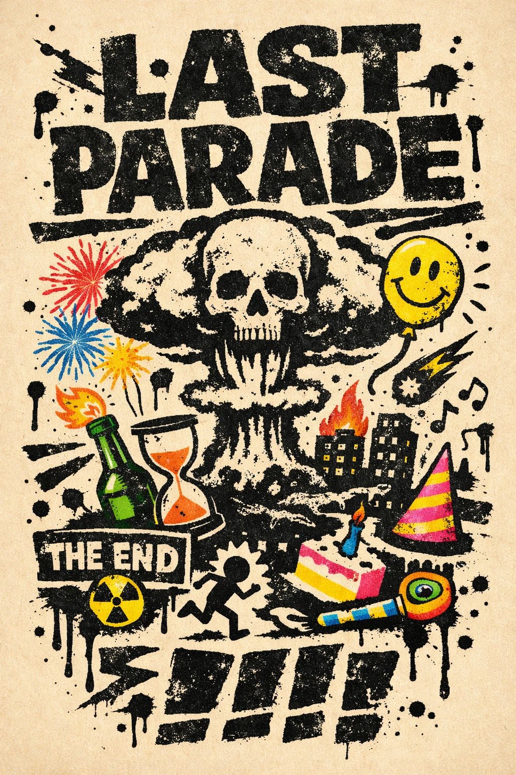 Risograph inspired poster with gritty stamp texture, rebellious collage elements, and bold expressive typography on a vintage paper background: Last Parade