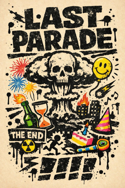 Risograph inspired poster with gritty stamp texture, rebellious collage elements, and bold expressive typography on a vintage paper background: Last Parade