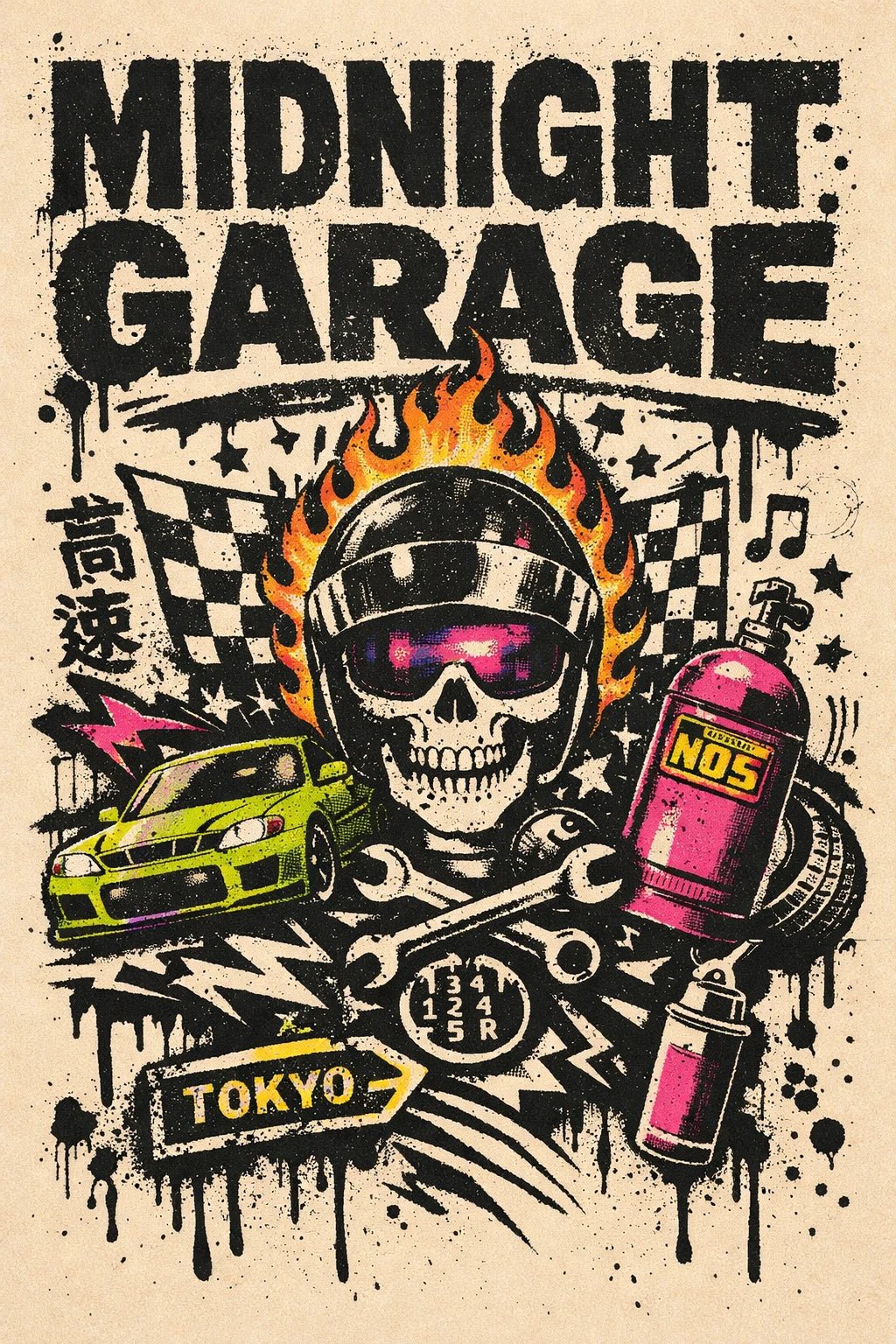 Risograph inspired poster with gritty stamp texture, rebellious collage elements, and bold expressive typography on a vintage paper background: Midnight Garage