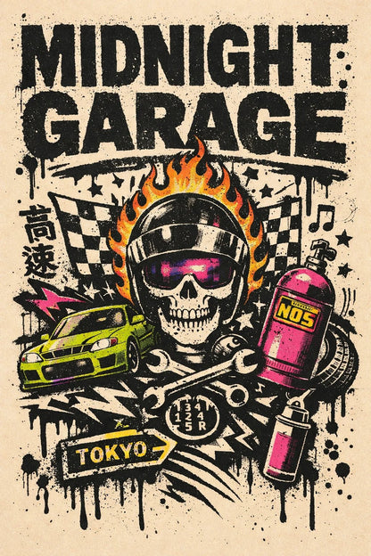 Risograph inspired poster with gritty stamp texture, rebellious collage elements, and bold expressive typography on a vintage paper background: Midnight Garage