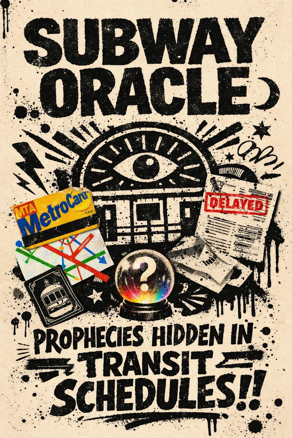 Risograph inspired poster with gritty stamp texture, rebellious collage elements, and bold expressive typography on a vintage paper background: Subway Oracle